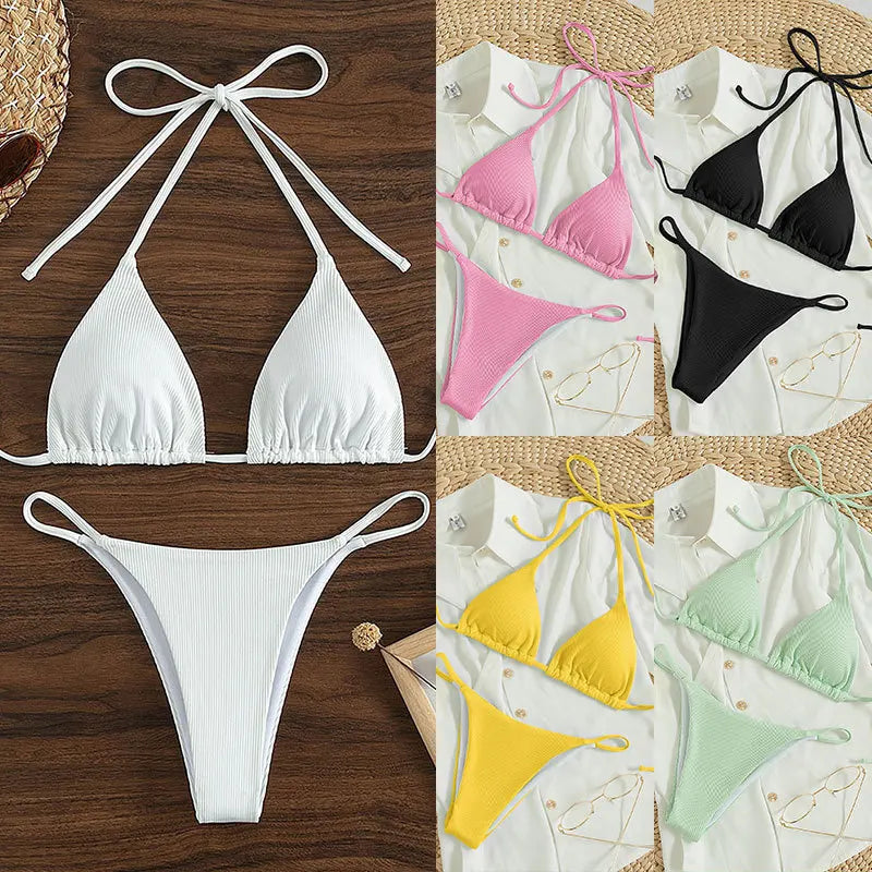 Solid Halter Bikini Swimsuit