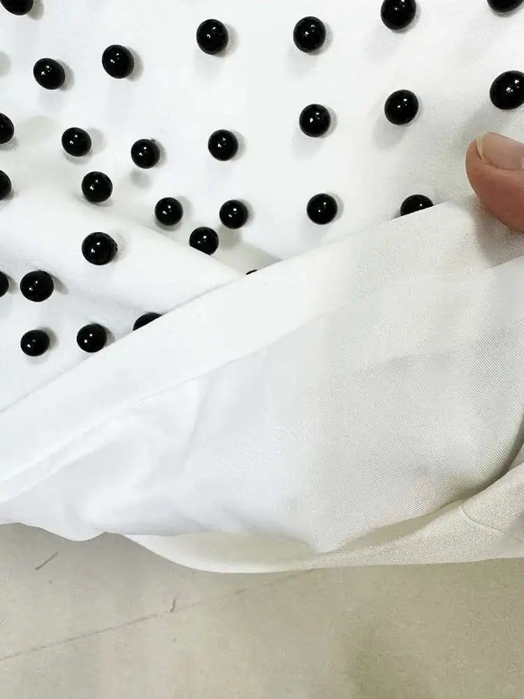 [Women's Beaded Design 2 Pcs Set Stand Collar High Waist Long Sleeve Sets Female Autumn