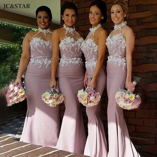 Dusty Pink Mermaid Long Bridesmaid Dress High Neck 3D Flower Lace Satin Hochzeitspartykleid Long African Vestido De Gala Prom