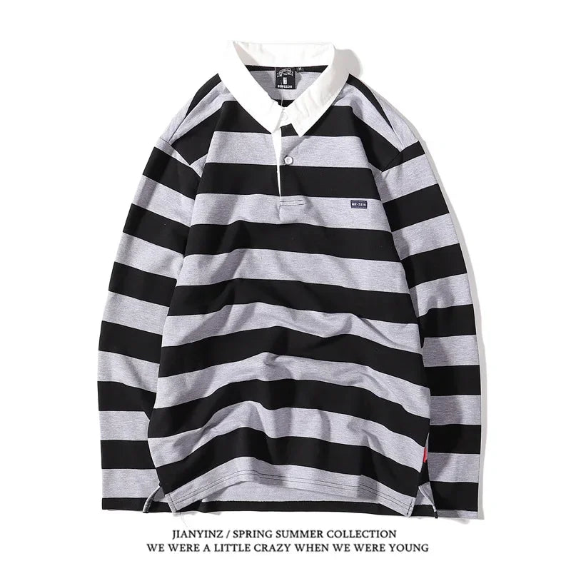Minimally striped printed mens collar T-shirt autumn business casual long sleeved top comfortable breathable loose collarT-shirt