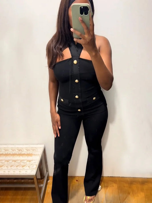 HH Women Suit Black Elasticity Neck Halter Button Design Sleeveless Backless Sexy Top+Elastic Waist Casual Slim Long Pant