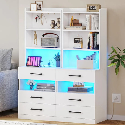Tall Nightstand Set of 2 with Charging Station and LED Lights, White Night Stand Set 2 with Bookshelf, Modern LED Bedside Table