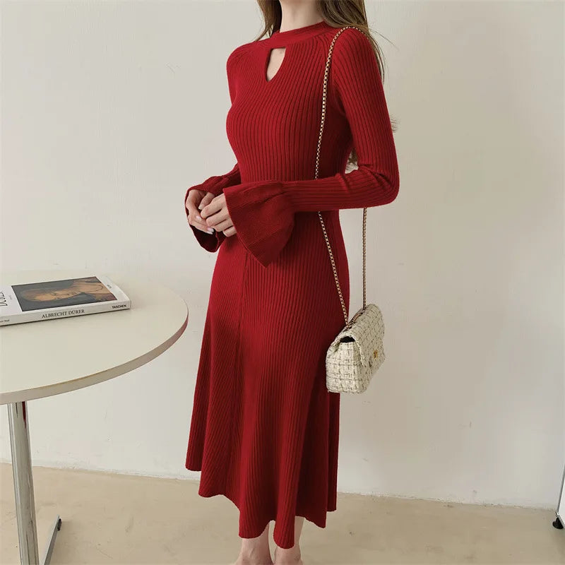 Elegant V-Neck Knitted Dress Slimming Long Skirt High Waist Bell Sleeve Unique Design Autumn Winter Women's Fashion Dress