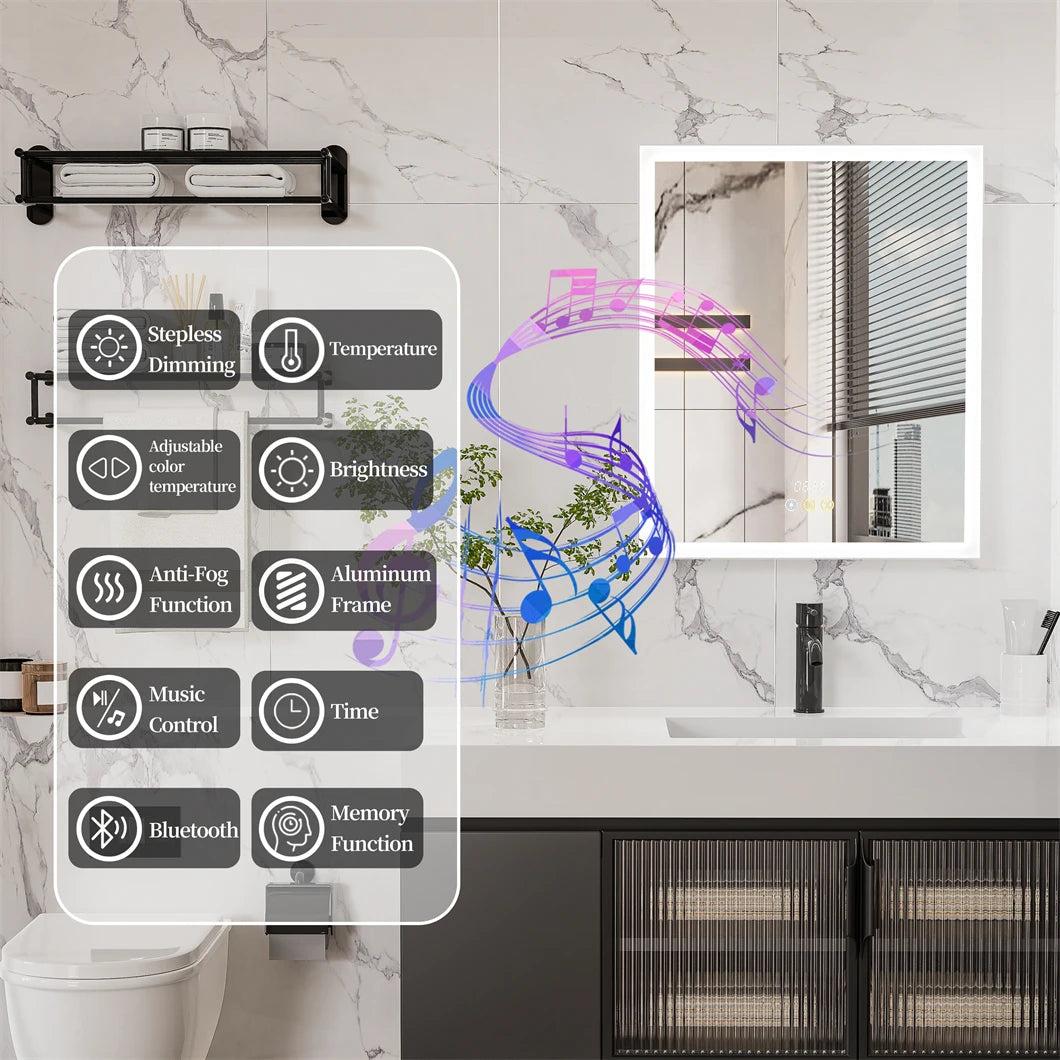 Bathroom Cabinet with Mirror Rectangle LED Lighted Mirror Wall Bathroom Medicine Cabinet w/ Bluetooth Speaker Aluminum Frame