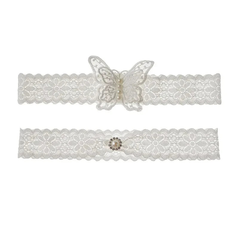 Popular White 2 Pieces Wedding Garters Butterfly Lace Bridal Garter Pearls Leg Ring for Bride
