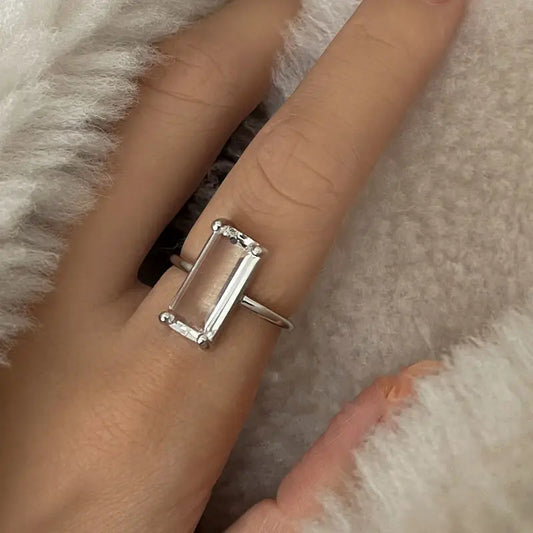 Designer original silver inlaid rectangular white crystal rings for women simple fashion high-end engagement party jewelry