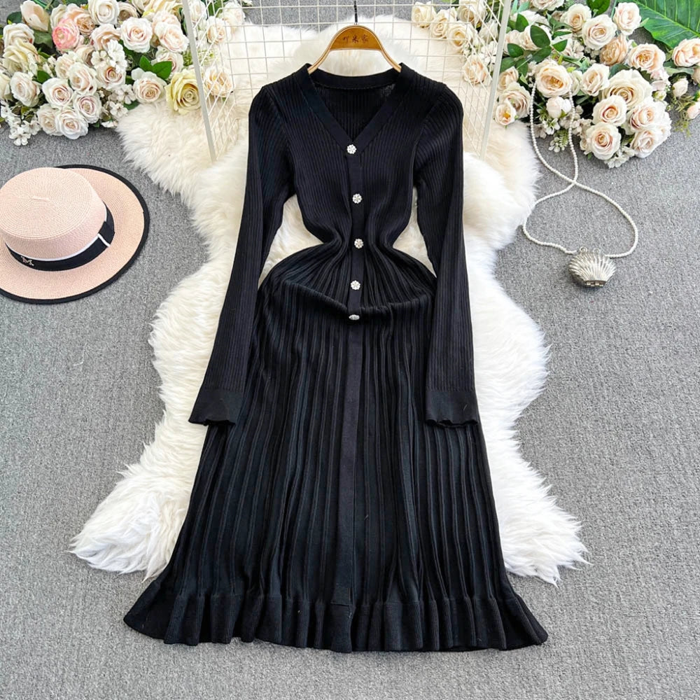 YuooMuoo Autumn Winter Women Knitted Long Dress Brand Fashion V-neck Slim Waist Pleated Sweater Dress Lady Office