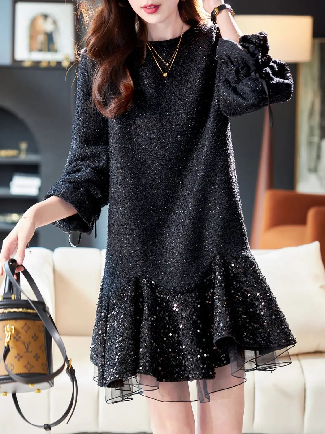 Autumn New Fashion Office Lady Mini Dress Elegant O-Neck Lantern Sleeve High Waist Sequined Lace Slim A-Line Party