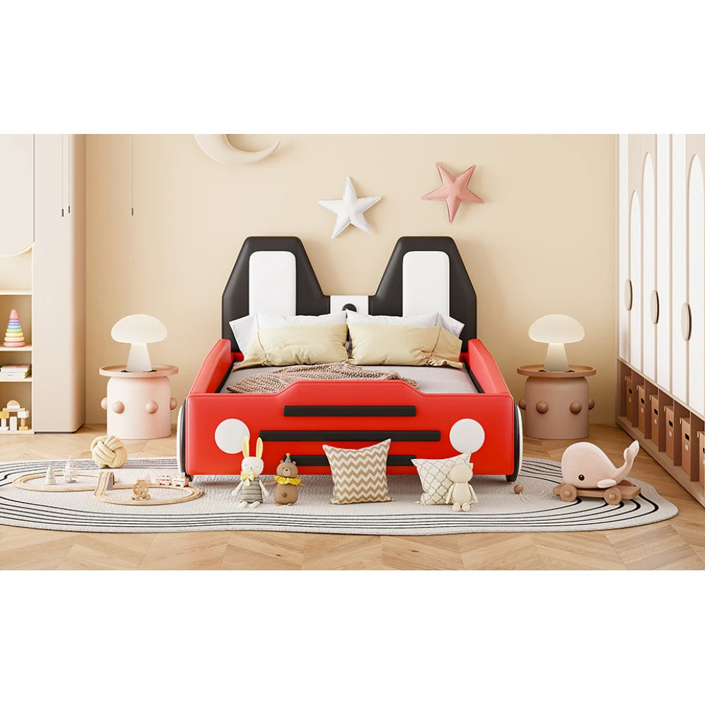 Twin Size Race Car Bed for Kids,PU Car-Shaped Bedframe with Wheels and Side Rails,Wood Slat Support,No Box Spring Needed,Red