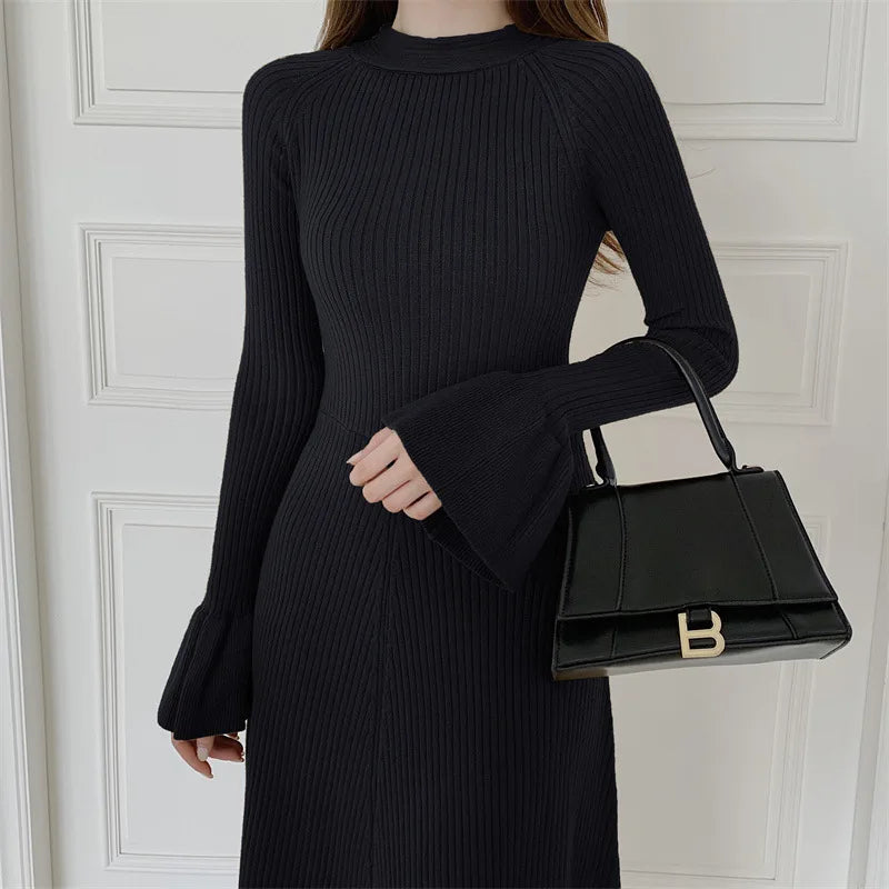 Elegant V-Neck Knitted Dress Slimming Long Skirt High Waist Bell Sleeve Unique Design Autumn Winter Women's Fashion Dress