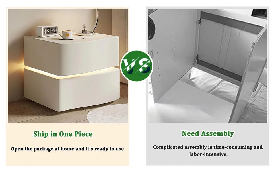 Modern Nightstand with LED Light, Leather Night Stand with Drawer, Solid Wood Bedside Table (2 Drawers, White)