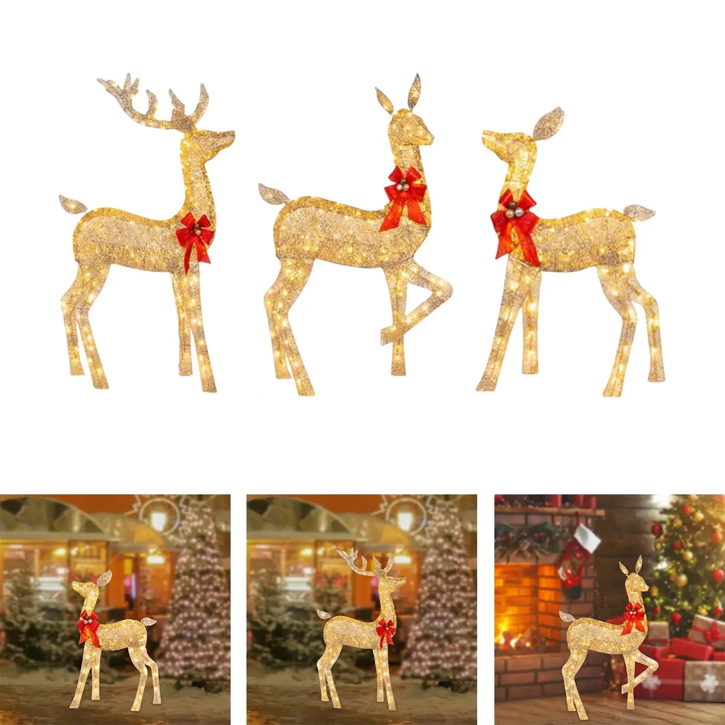 160/210 Warm White LED Lights Indoor Outdoor Large Lighted Christmas Deer Family Set Front Yard Porch Holiday Decoration