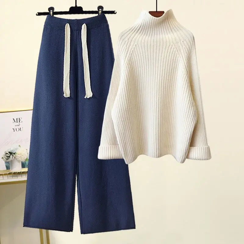 Plus Size Autumn Winter Women's Set New Lazy Style Sweater And Slimming Casual Pants Two Piece Set Trendy Elastic Knitted Fabric