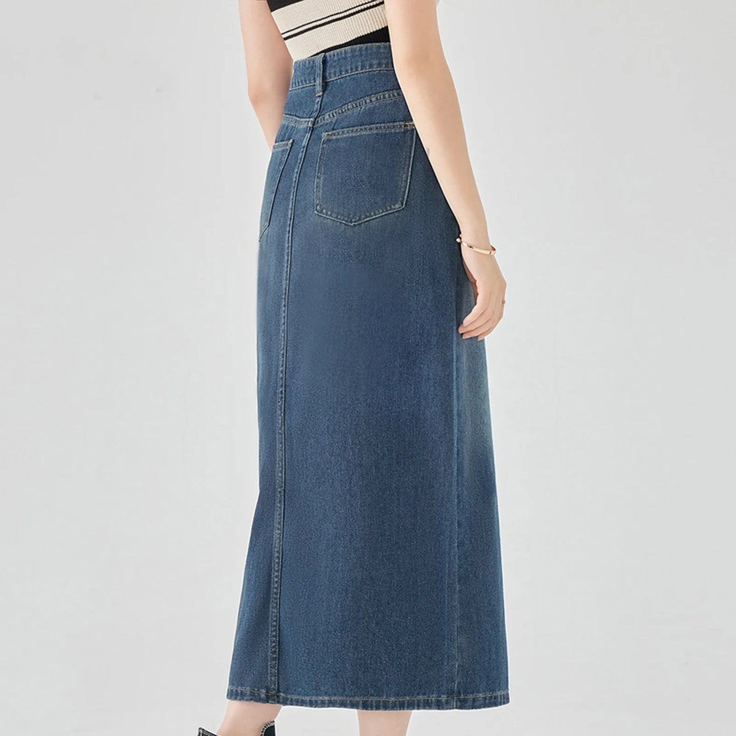 Washed Denim Skirt Long