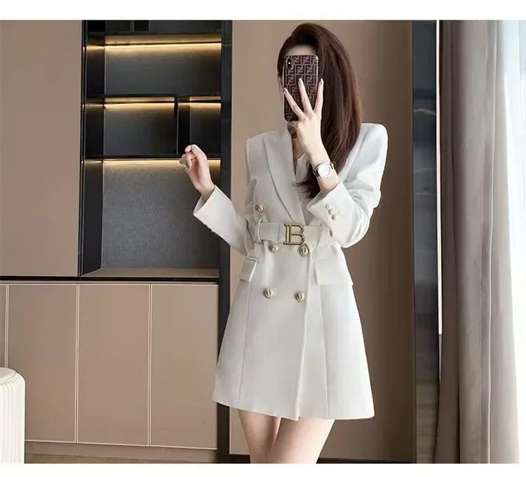 French Elegant Long Sleeve Suit Dress Waist-Cinching Short Size Professional Double-Buttoned Belted Coat
