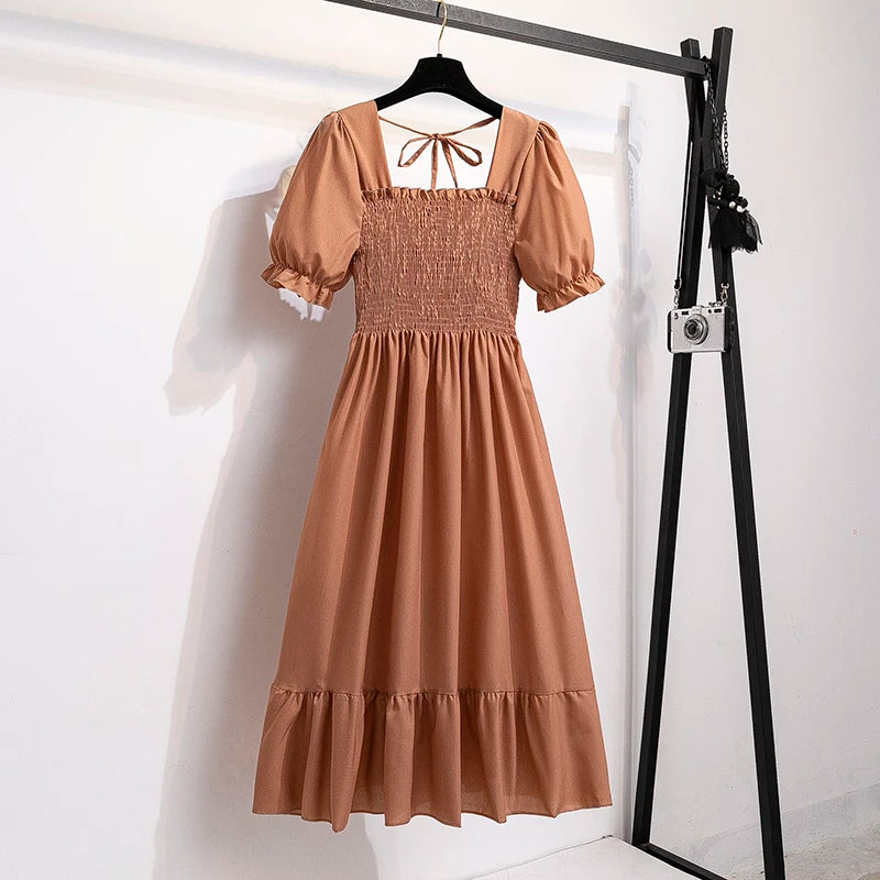 Spring Summer Chiffon Dresses Fashion Female Elastic Waist Short Sleeve Pleated Casual Dress Women A-line Dresses