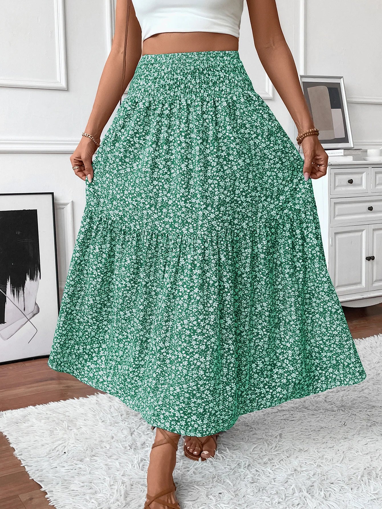 Women New Classic Printed Skirt Retro High Waist Long Skirt Casual Stylish Loose Beach Skirt Elegant Ladies Floral Pleated Skirt