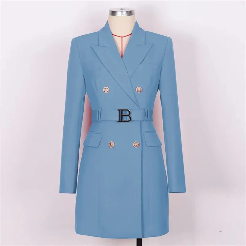 French Elegant Long Sleeve Suit Dress Waist-Cinching Short Size Professional Double-Buttoned Belted Coat
