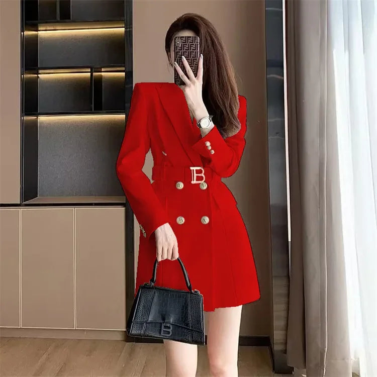 French Elegant Long Sleeve Suit Dress Waist-Cinching Short Size Professional Double-Buttoned Belted Coat