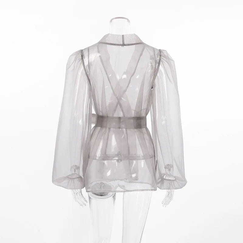 2023 Spring Summer Women Elegant Long Sleeve Solid Grey Mesh Shirt Ladies Sheer Chiffon Blouse For Woman Female