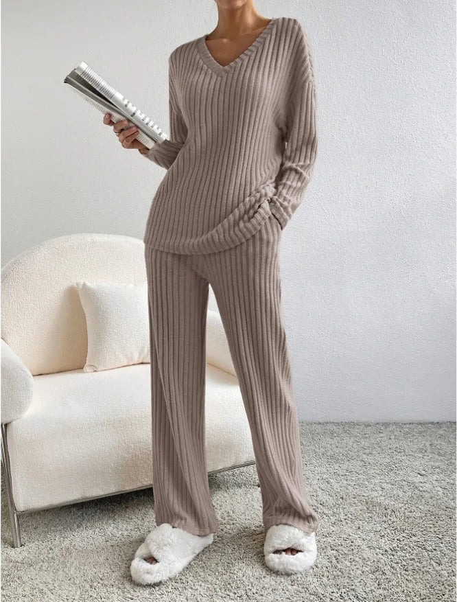 Solid Color Casual Loose Knitting Sets For Women Elegant Autumn Women's Two Pieces Suit Full Trouser Set Female Outfit Clothes