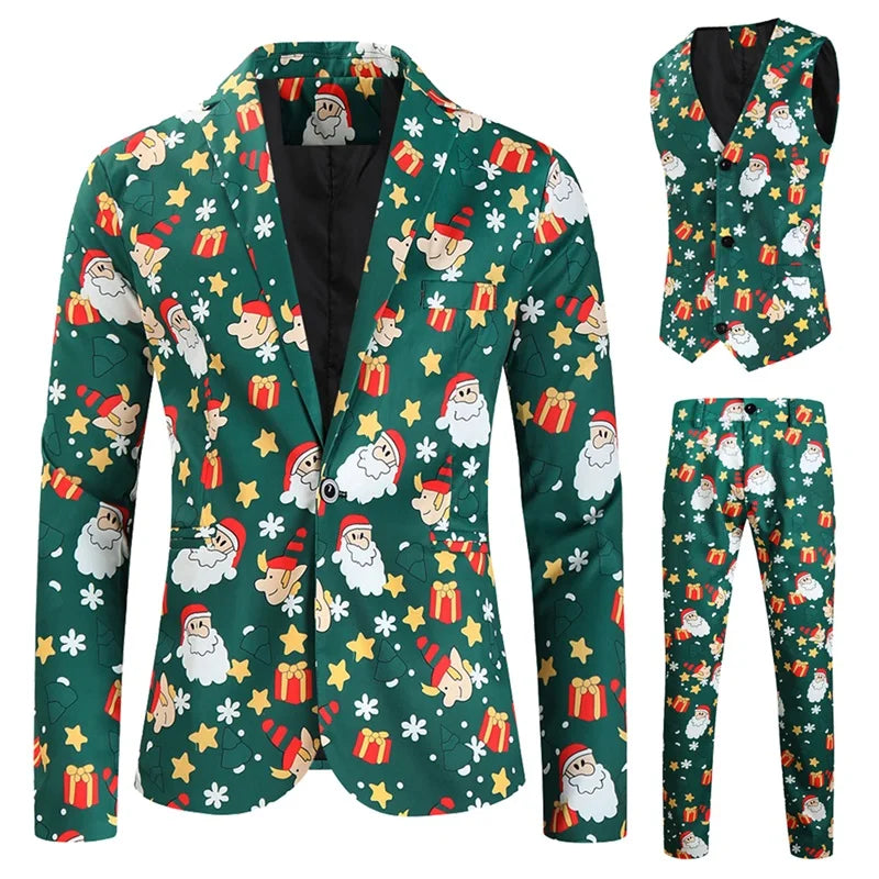 Men Christmas 3Pcs Suit Cartoon Print Long Sleeve Single Breasted Jacket with Vest Pants