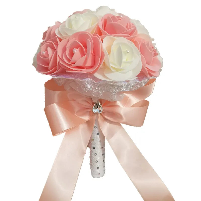 YO CHO Bridal Wedding Bouquet Artificial PE Rose Flower Fake Pearl Bouquet Blue Bridesmaid Marriage Wedding Supplies Decorations
