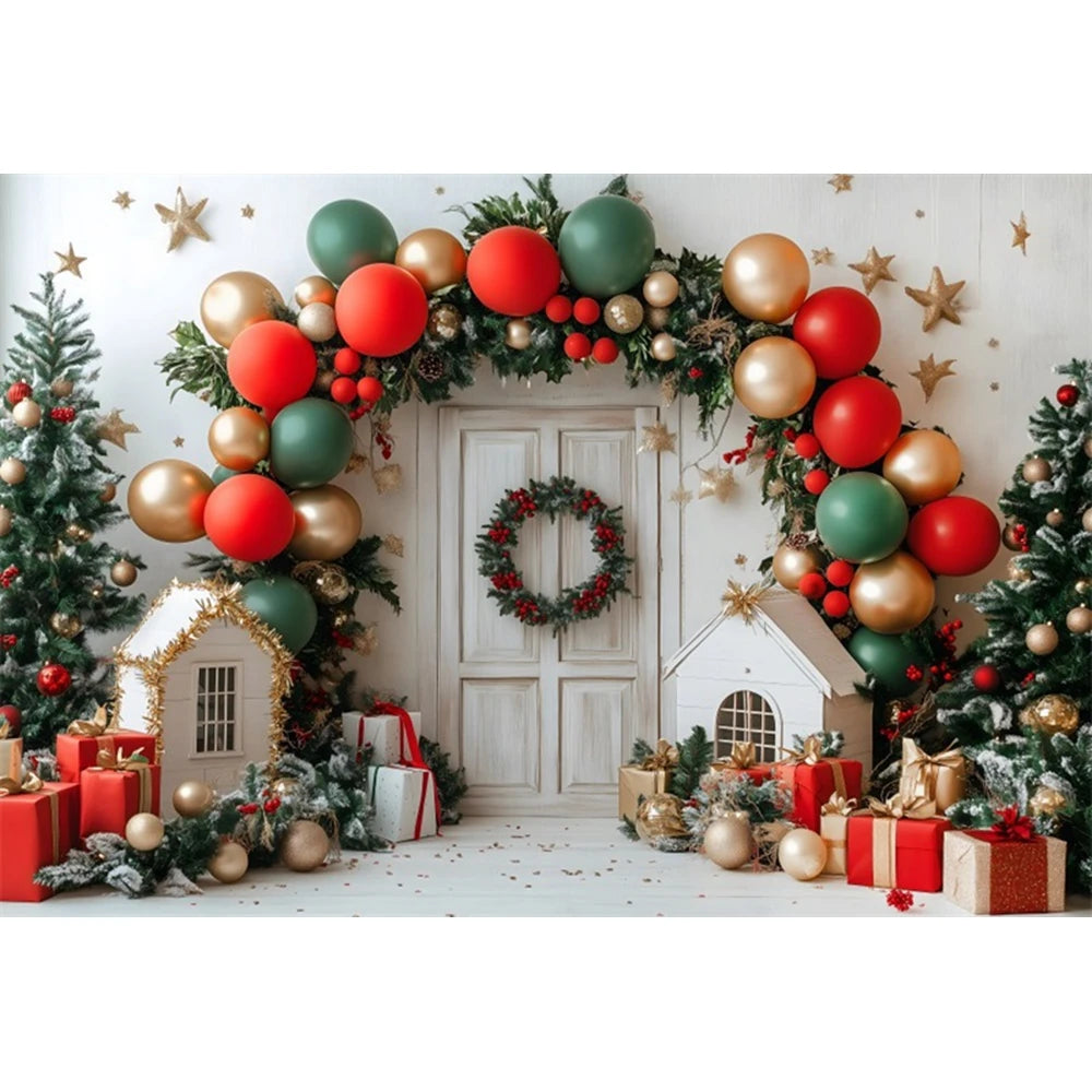 Christmas Photography Backdrops Balloons Arch Gingerbread House Xmas Trees Wreath Gifts Kids Christmas Portrait Photo Background