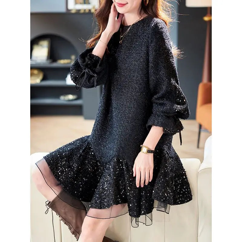 Autumn New Fashion Office Lady Mini Dress Elegant O-Neck Lantern Sleeve High Waist Sequined Lace Slim A-Line Party