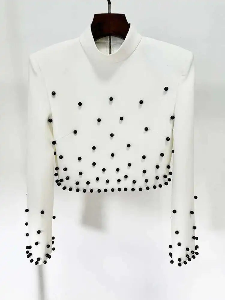 [Women's Beaded Design 2 Pcs Set Stand Collar High Waist Long Sleeve Sets Female Autumn