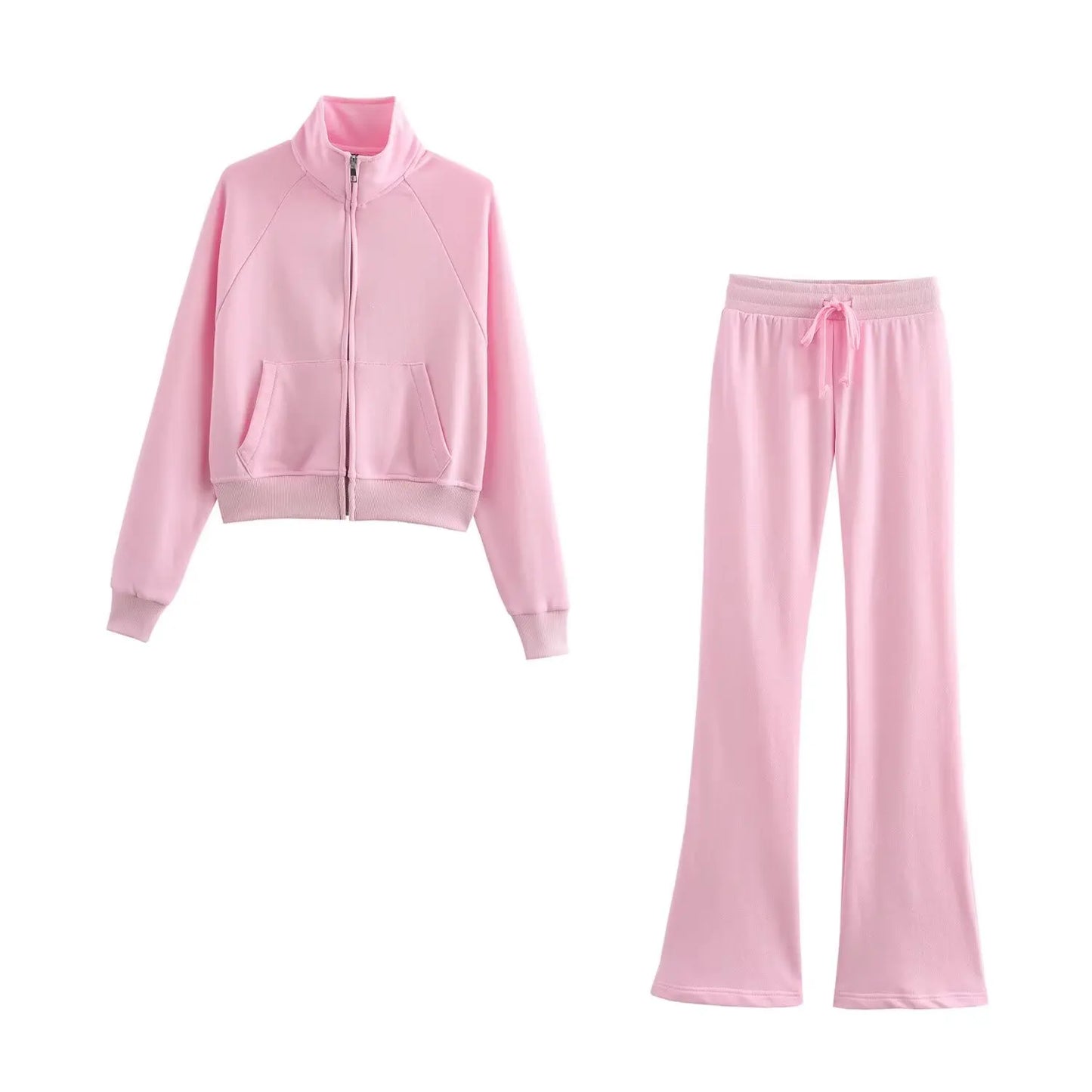 RARA Women's Zip Up Stand Collar Jacket and Drawstring Flared Pants Set Comfortable and Stylish for Everyday Activities