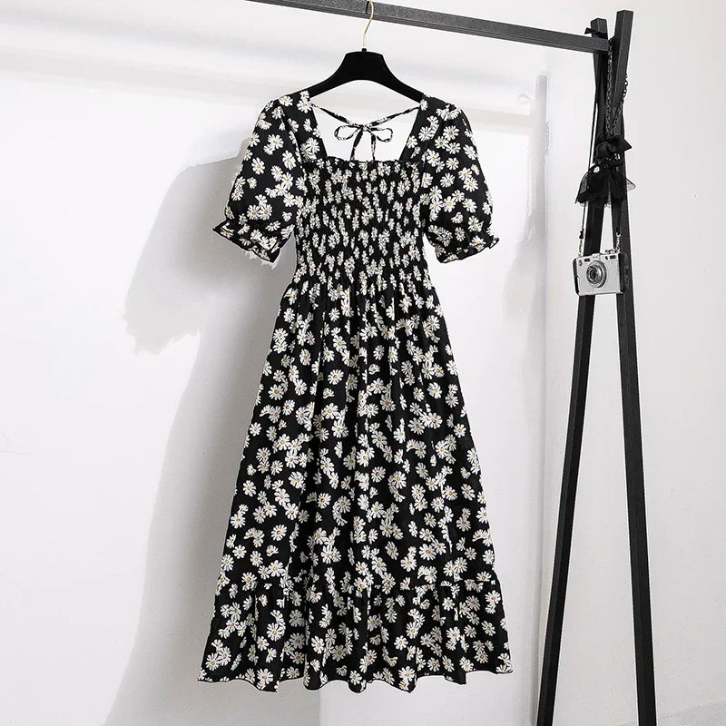Spring Summer Chiffon Dresses Fashion Female Elastic Waist Short Sleeve Pleated Casual Dress Women A-line Dresses