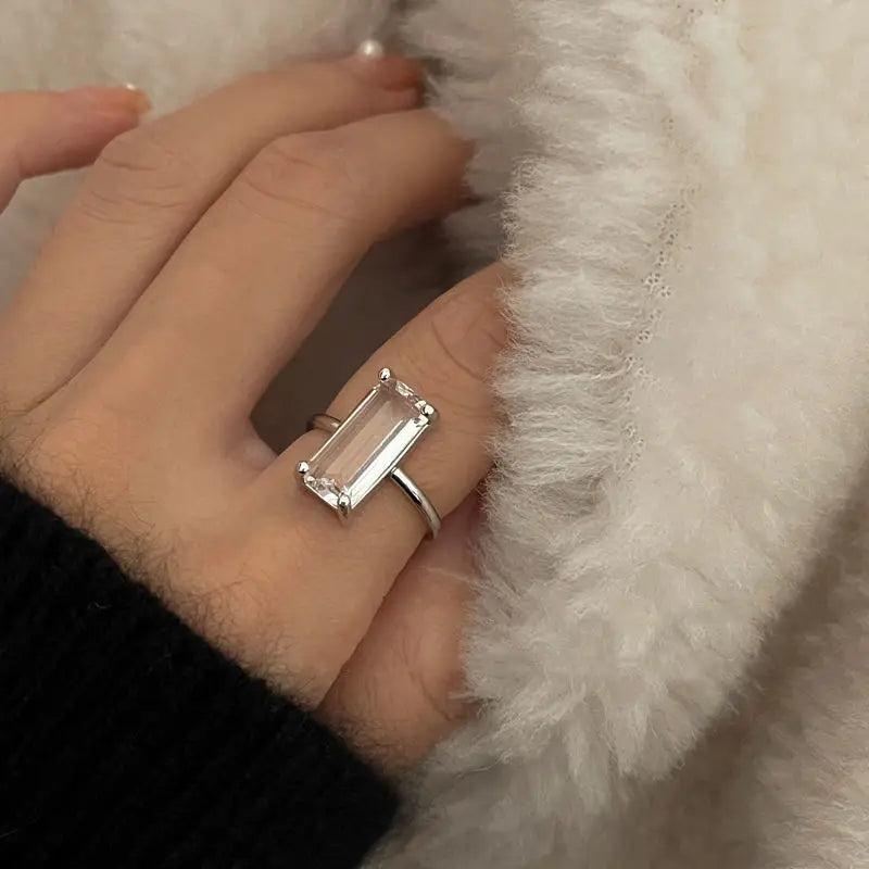 Designer original silver inlaid rectangular white crystal rings for women simple fashion high-end engagement party jewelry