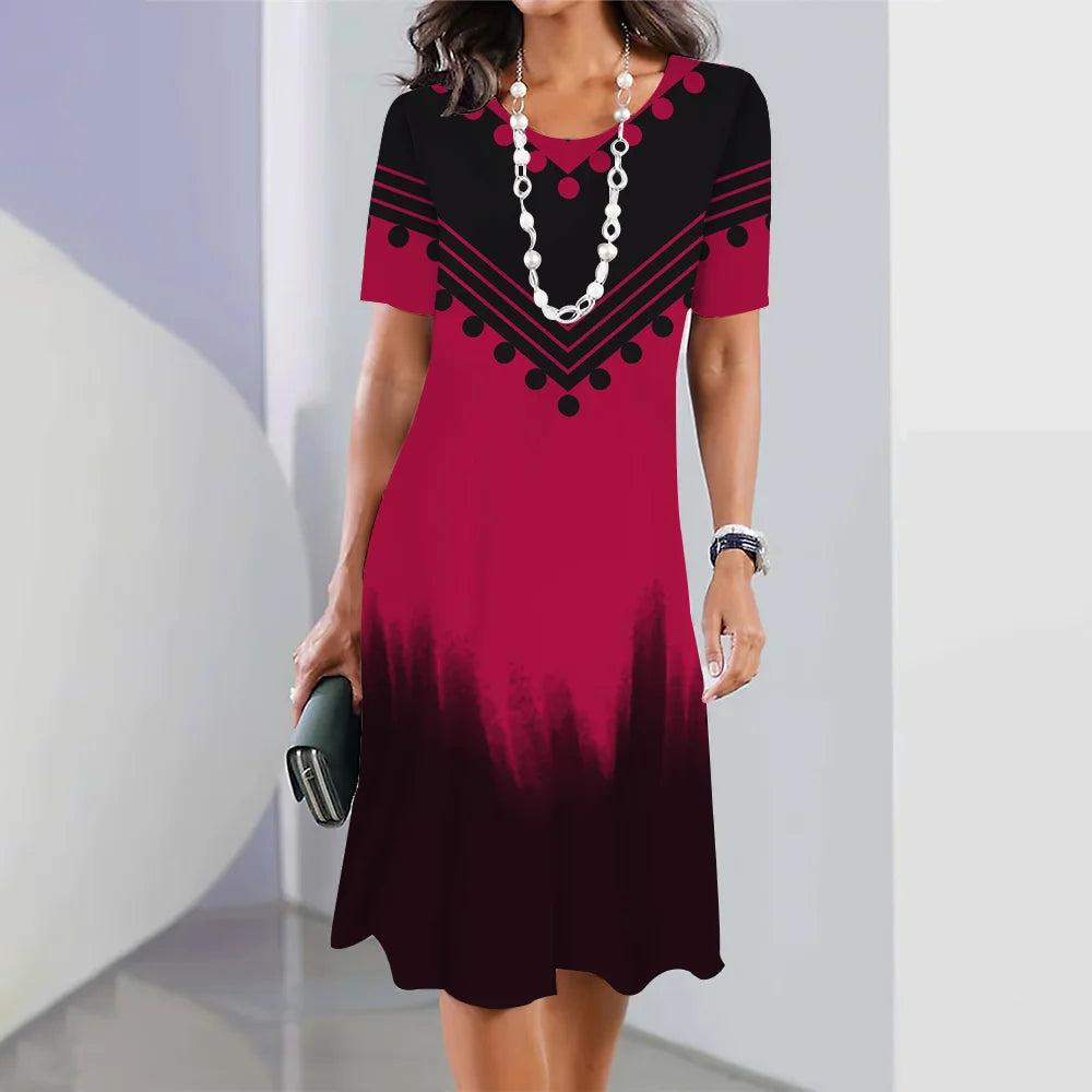 New Women's Dresses Striped Printed Elegant Casual O Neck Short Sleeve  Dresses Fashion Ladies Plus Size Clothing