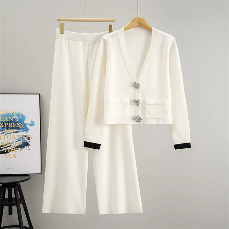 2025 Autumn  Casual Women's Knitted Pants Set V-neck Long Sleeved Single Breasted Knitted  Cardigan Wide Leg Pants Two Piece Set