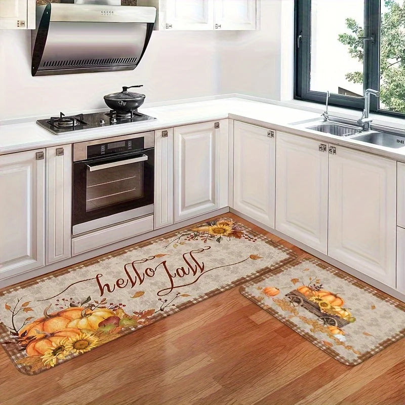 Thanksgiving Kitchen Mat , Autumn Pumpkin Sunflower Maple Leaf Non-Slip Holiday Decor Rug for Home Party Decor