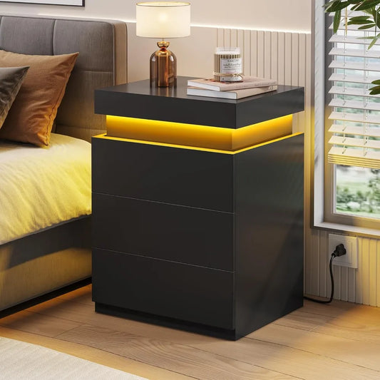 Nightstand with Charging Station and LED Lights, Led Nightstand with Sliding Top, Bedside Table with Drawers, Modern End Table S