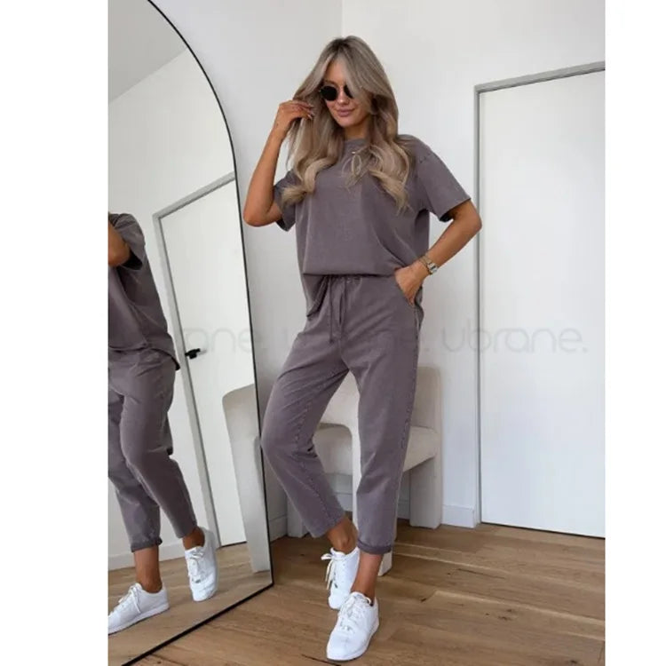 Casual Loose Sports Two Piece Set Women O-neck Short Sleeve Top Elastic Waist Lace Up Pants Sets Autumn Solid Fashion Outfit