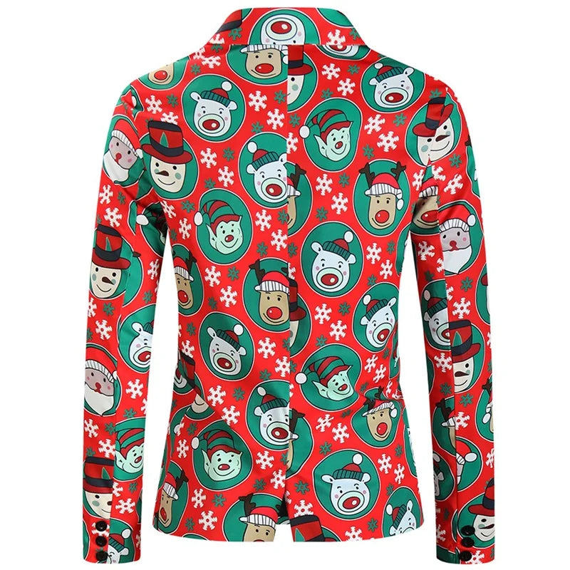 Men Christmas 3Pcs Suit Cartoon Print Long Sleeve Single Breasted Jacket with Vest Pants