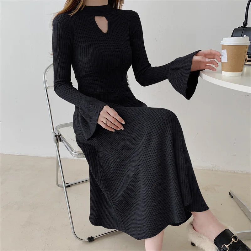Elegant V-Neck Knitted Dress Slimming Long Skirt High Waist Bell Sleeve Unique Design Autumn Winter Women's Fashion Dress