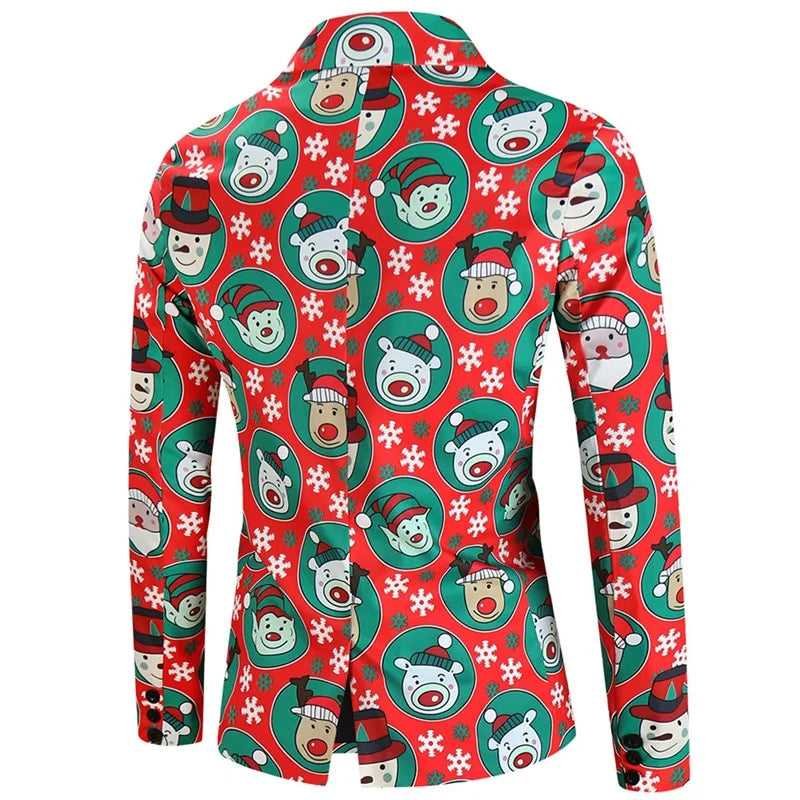 Men Christmas 3Pcs Suit Cartoon Print Long Sleeve Single Breasted Jacket with Vest Pants