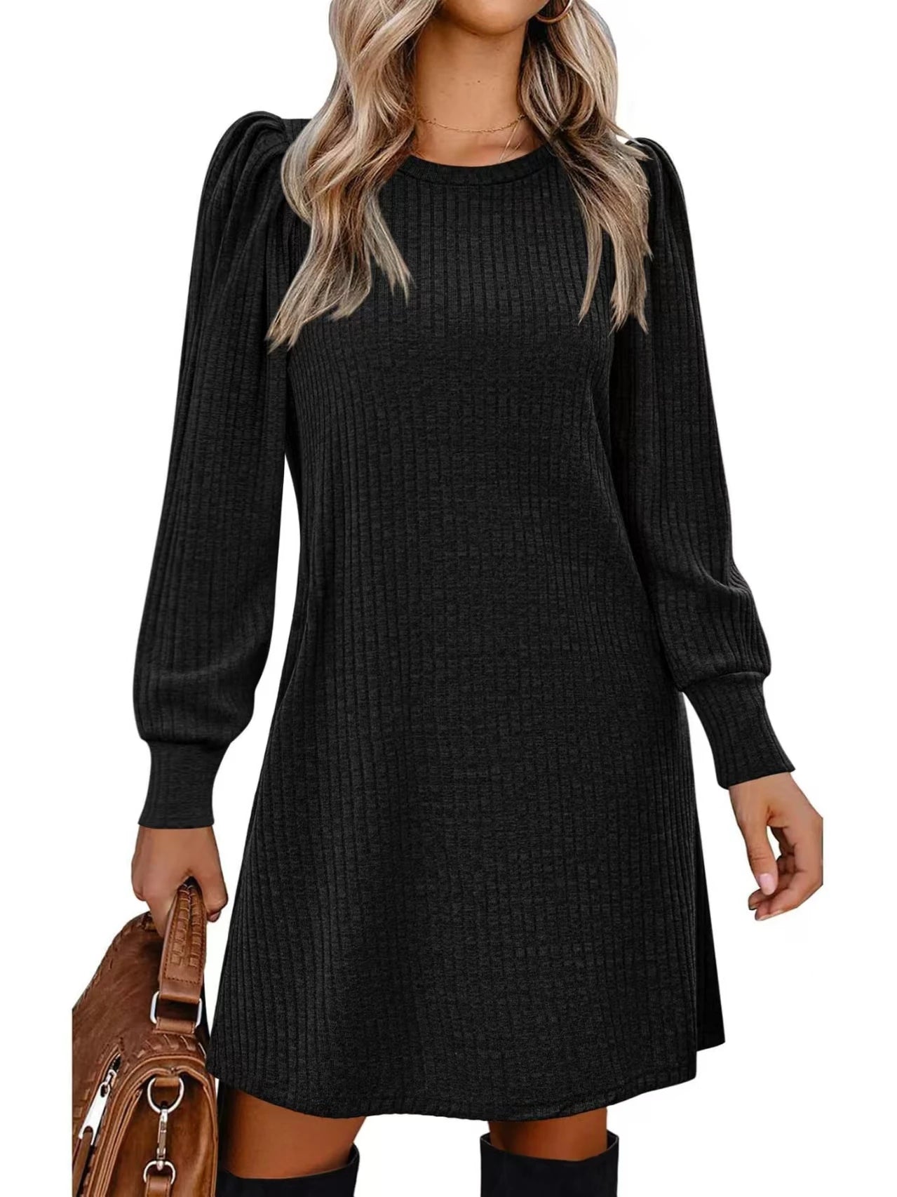 Fashionable women's knitted puffed-sleeve long-sleeved autumn and winter round-neck casual loose dress with pockets