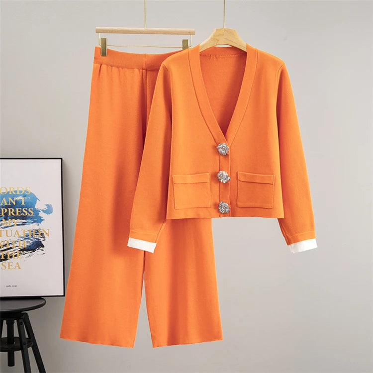 2025 Autumn  Casual Women's Knitted Pants Set V-neck Long Sleeved Single Breasted Knitted  Cardigan Wide Leg Pants Two Piece Set