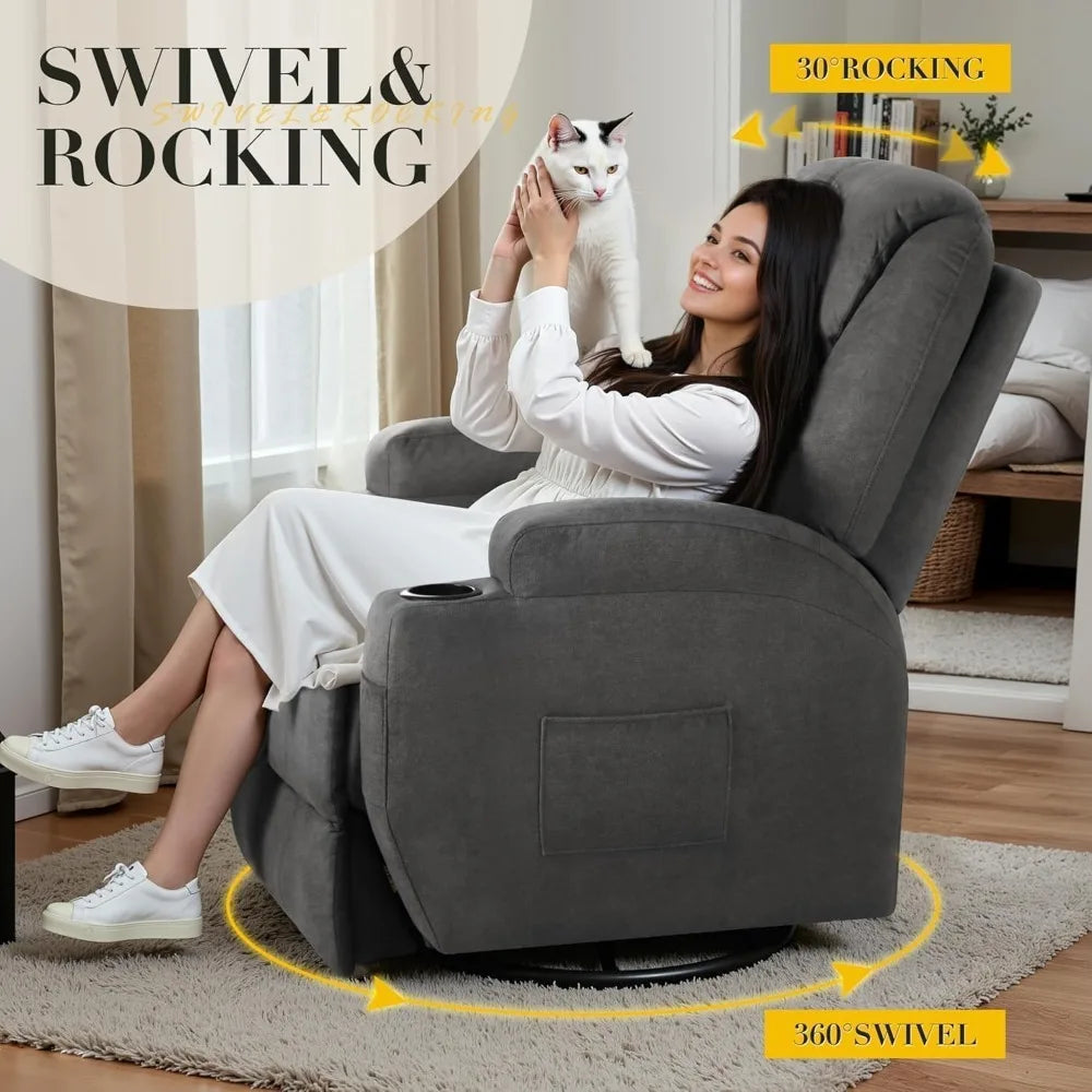Recliner Chair, 360° Swivel Rocker Chair for Adults, Rocking Recliner Chair with Massage, Comfy Single Sofa with Side Pockets Cu
