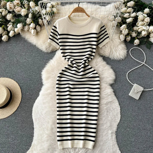 Knitted Dress O Neck Short Sleeves Chic Hotsweet Slim Sundress Streetwear Y2K Bodycon Midi Dress