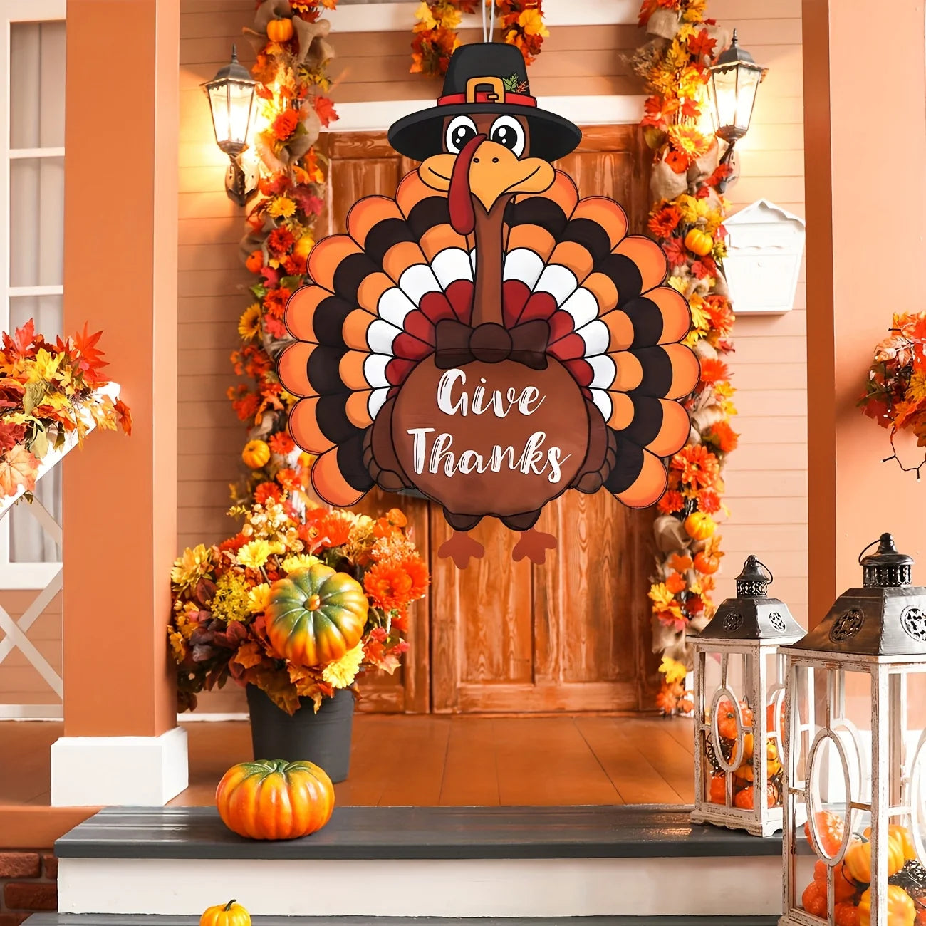 Thanksgiving Party Banner Decoration Turkey Wreath Banner for Front Wall Yard Signs, Thankful Blessed Grateful Turkey Banner