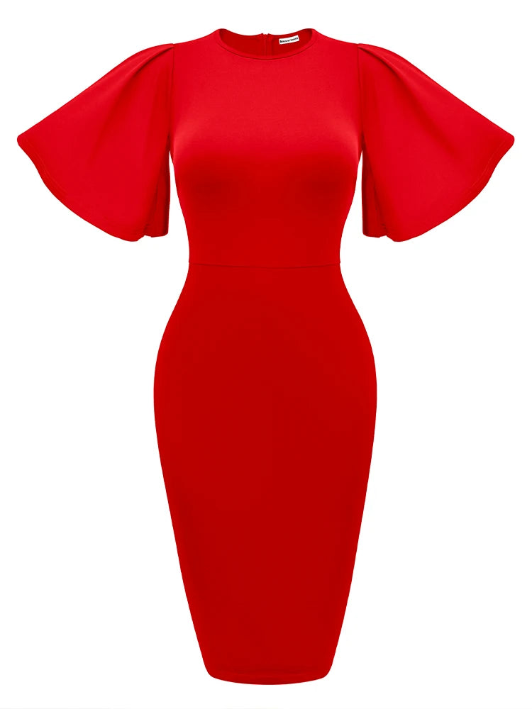 New 2023 Crew Neck Half Sleeve Hips-Wrapped Slim Fit Party Women Midi Dress Autumn Official Dresses For Ladies
