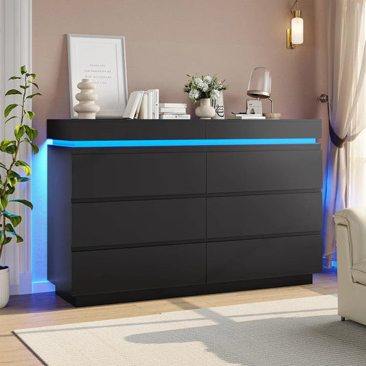 Modern 6 Drawer Dresser with Sliding Desktop,Wide Chest of Drawers with Charging Station& LED Lights,Large Storage Tower Clothes