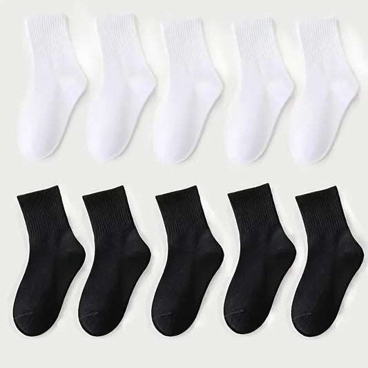 5-piece set of children's black and white solid color mid-calf socks - breathable polyester blend, ribbed texture, comfortable f