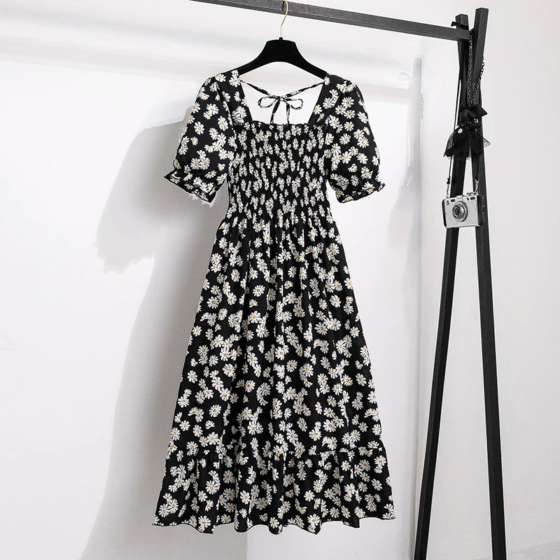 Spring Summer Chiffon Dresses Fashion Female Elastic Waist Short Sleeve Pleated Casual Dress Women A-line Dresses